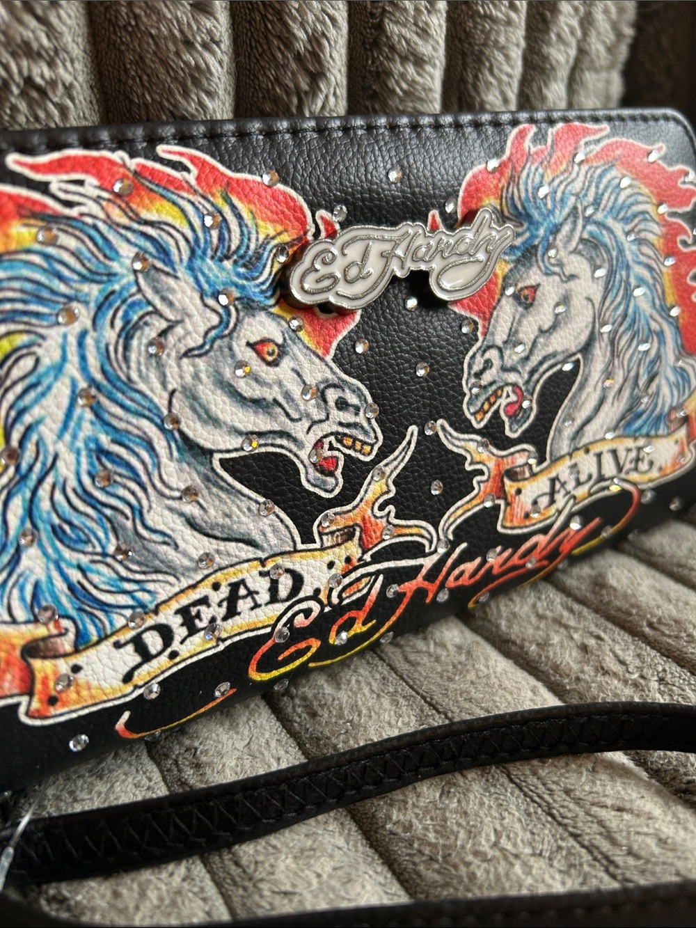 Ed Hardy Dead Alive Zip-Around Wallet Wristlet Multicolored Fire Horse Tattoo